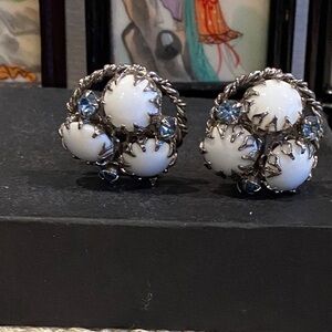 Vintage Silver Tone and White Milk Glass Earrings with Blue Crystal Accents